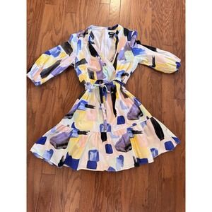 DKNY Abstract Print Wrap Dress‎ Belted Ruffle Hem Multicolor Women's 16
